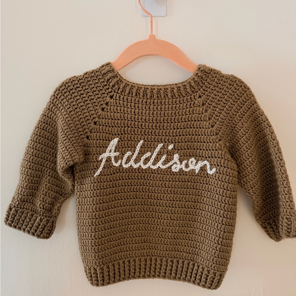 Kids Brown Crochet Sweater with White Script